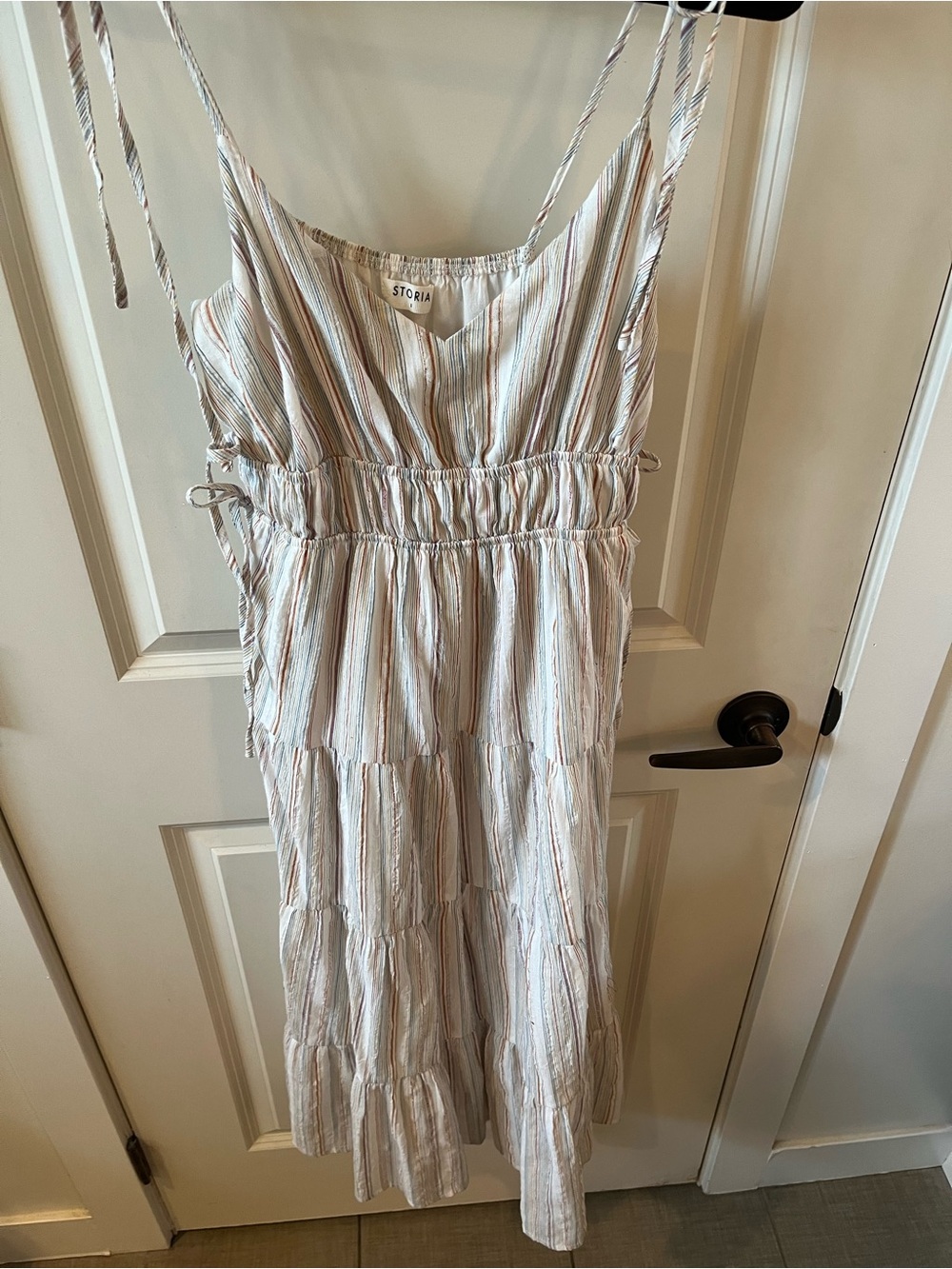 Storia White Maxi Dress with Pastel Stripes